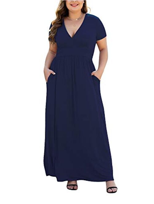 HAOMEILI Women's L-5XL Short Sleeve V-Neck Plus Size Casual Maxi Dresses with Pockets