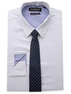 Nick Graham Men's Modern Fitted Pencil Strip Stretch Shirt with Micro Neat Tie