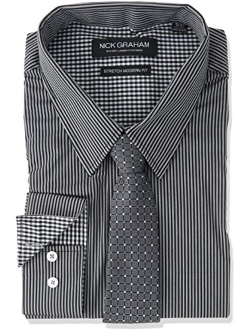 Nick Graham Men's Modern Fitted Pencil Strip Stretch Shirt with Micro Neat Tie