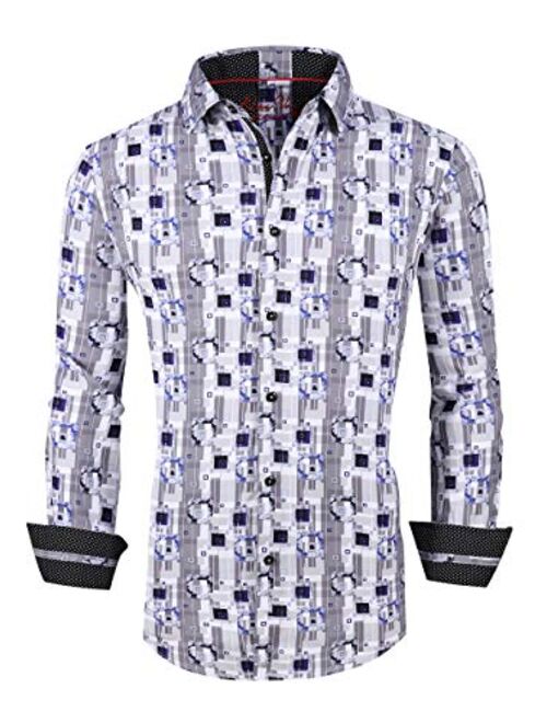 Esabel.C Men's Dress Shirts Long Sleeve Regular Fit Print Casual Button Down Shirts