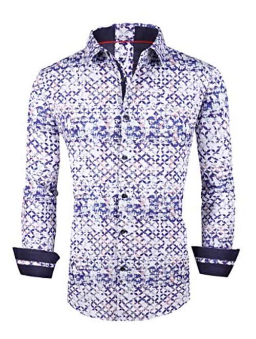 Esabel.C Men's Dress Shirts Long Sleeve Regular Fit Print Casual Button Down Shirts