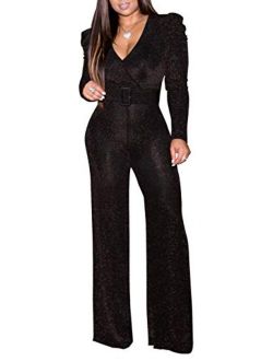 Sparkly Jumpsuits for Women Elegant V Neck Sexy Long Sleeve Clubwear Casual Rompers Wide Leg Pants with Belt