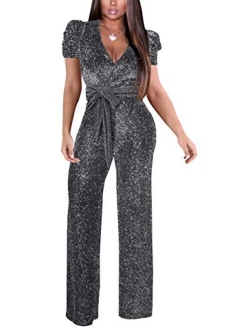 Sparkly Jumpsuits for Women Elegant V Neck Sexy Long Sleeve Clubwear Casual Rompers Wide Leg Pants with Belt