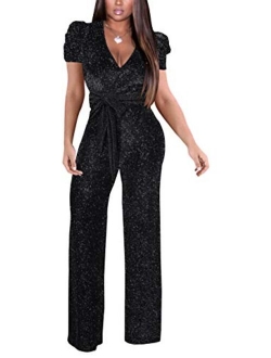 Sparkly Jumpsuits for Women Elegant V Neck Sexy Long Sleeve Clubwear Casual Rompers Wide Leg Pants with Belt