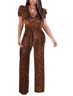 Sparkly Jumpsuits for Women Elegant V Neck Sexy Long Sleeve Clubwear Casual Rompers Wide Leg Pants with Belt