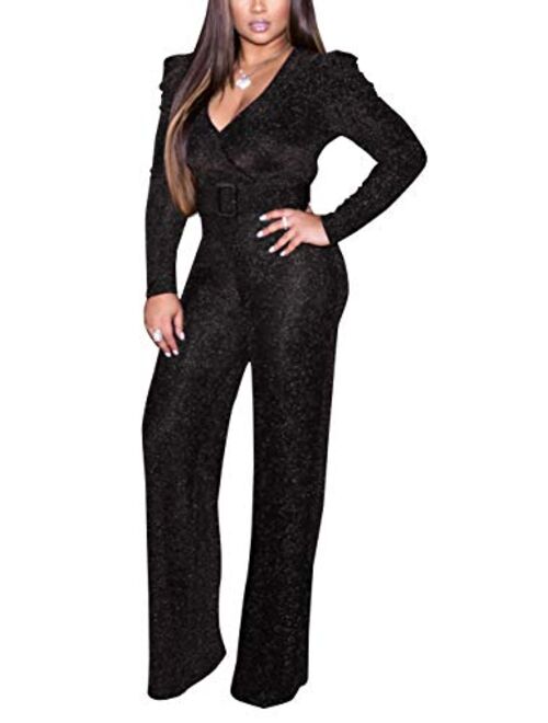 Sparkly Jumpsuits for Women Elegant V Neck Sexy Long Sleeve Clubwear Casual Rompers Wide Leg Pants with Belt
