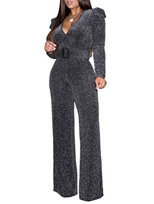 Sparkly Jumpsuits for Women Elegant V Neck Sexy Long Sleeve Clubwear Casual Rompers Wide Leg Pants with Belt