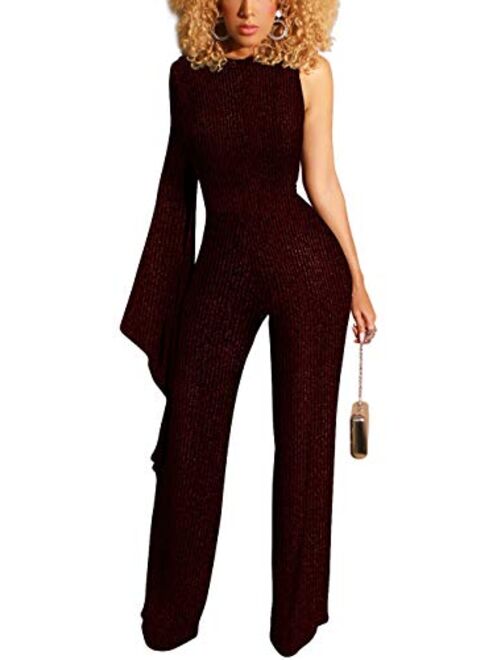 Sparkly Jumpsuits for Women Elegant V Neck Sexy Long Sleeve Clubwear Casual Rompers Wide Leg Pants with Belt