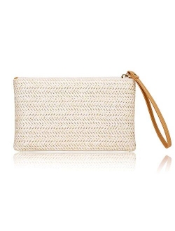 Womens Straw Clutch Bag Bohemian Summer Beach Straw Purse Zipper Wristlet Wallets for Women