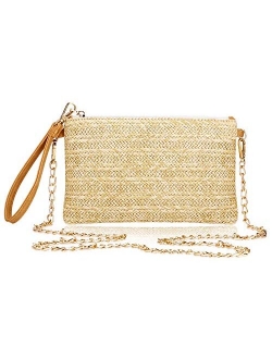 Womens Straw Clutch Bag Bohemian Summer Beach Straw Purse Zipper Wristlet Wallets for Women