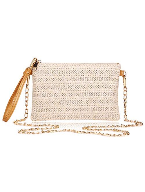 Womens Straw Clutch Bag Bohemian Summer Beach Straw Purse Zipper Wristlet Wallets for Women