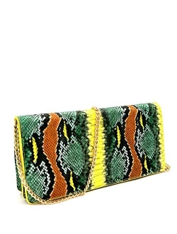 Trendeology Chain Multicolored Snake Crocodile Print Long Party Clutch Purse Shoulder Bag (2Snake Print - Gold)