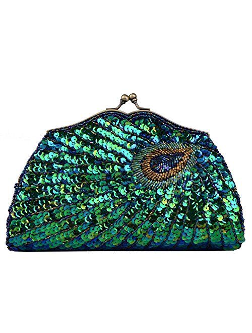 KISSCHIC Vintage Beaded Sequin Peacock Clutch Purse Evening Bags (Blue)