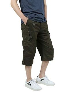 JYG Men's Twill Elastic Cargo Shorts Below Knee 3/4 Capri Pants with Belt