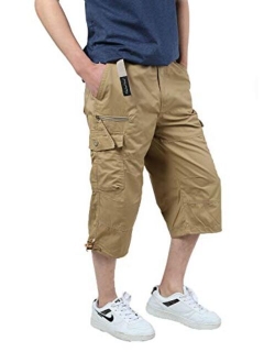 JYG Men's Twill Elastic Cargo Shorts Below Knee 3/4 Capri Pants with Belt