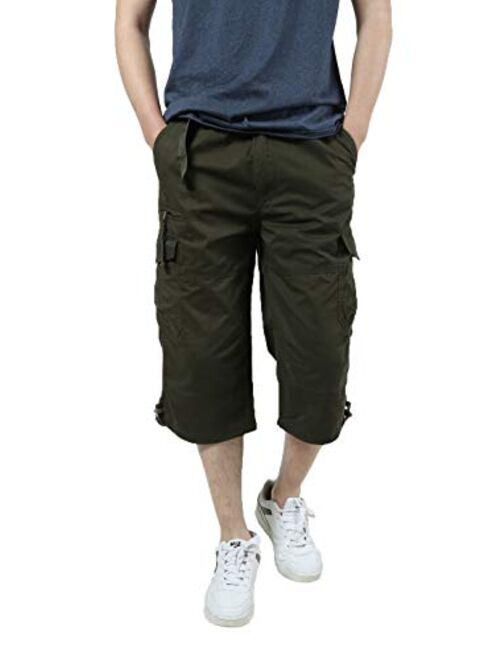 JYG Men's Twill Elastic Cargo Shorts Below Knee 3/4 Capri Pants with Belt