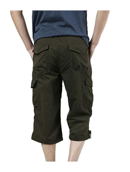 JYG Men's Twill Elastic Cargo Shorts Below Knee 3/4 Capri Pants with Belt