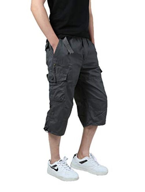 JYG Men's Twill Elastic Cargo Shorts Below Knee 3/4 Capri Pants with Belt