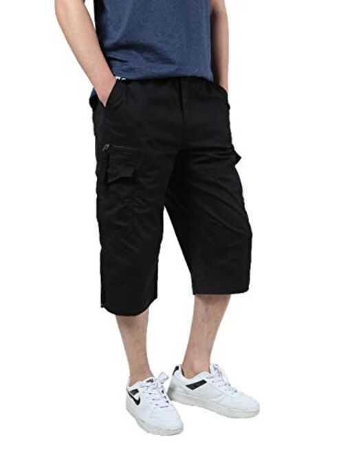 JYG Men's Twill Elastic Cargo Shorts Below Knee 3/4 Capri Pants with Belt