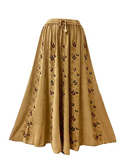 Agan Traders 712 SK Women's Elastic Waistband Drawstring Boho Gypsy Medieval Embroidered Long Maxi Skirt