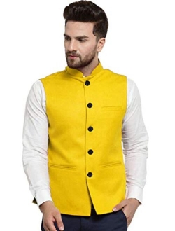 Vastraa Fusion Men's Cotton Blended Fabric Bandhgala Nehru Jacket/Waistcoat (Bright Yellow)