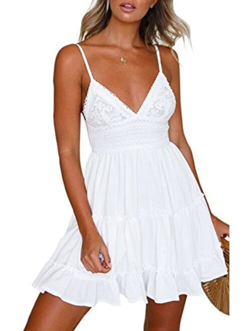 ECOWISH Womens V-Neck Spaghetti Strap casual Bowknot Backless Sleeveless Lace Mini Swing Skater Dress