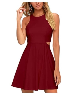 BELONGSCI Women Sweet and Cute Sleeveless Racerback Flared Swing A-Line Waist Hollow Out Summer Short Dress