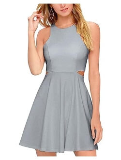 BELONGSCI Women Sweet and Cute Sleeveless Racerback Flared Swing A-Line Waist Hollow Out Summer Short Dress