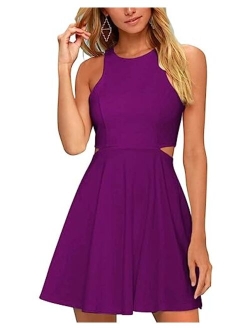 BELONGSCI Women Sweet and Cute Sleeveless Racerback Flared Swing A-Line Waist Hollow Out Summer Short Dress