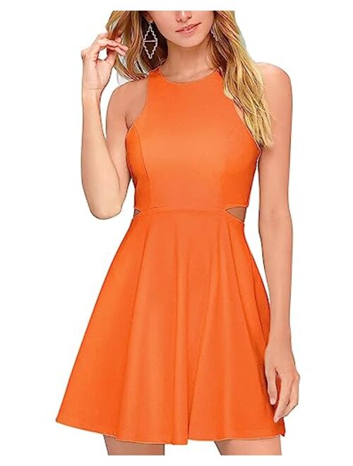 BELONGSCI Women Sweet and Cute Sleeveless Racerback Flared Swing A-Line Waist Hollow Out Summer Short Dress