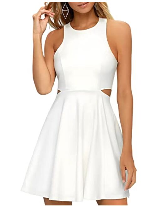 BELONGSCI Women Sweet and Cute Sleeveless Racerback Flared Swing A-Line Waist Hollow Out Summer Short Dress