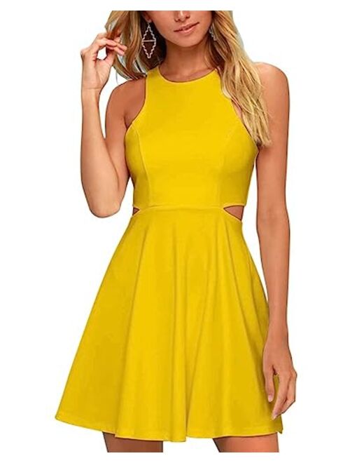 BELONGSCI Women Sweet and Cute Sleeveless Racerback Flared Swing A-Line Waist Hollow Out Summer Short Dress