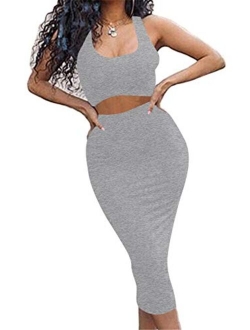 GOBLES Women's Sexy Summer Outfits Bodycon Tank Top Midi Skirt 2 Piece Dress