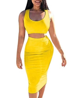 GOBLES Women's Sexy Summer Outfits Bodycon Tank Top Midi Skirt 2 Piece Dress