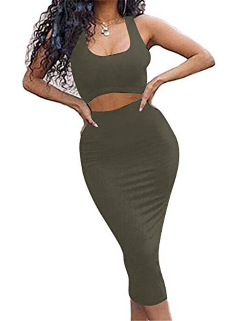 GOBLES Women's Sexy Summer Outfits Bodycon Tank Top Midi Skirt 2 Piece Dress