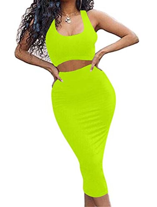 GOBLES Women's Sexy Summer Outfits Bodycon Tank Top Midi Skirt 2 Piece Dress