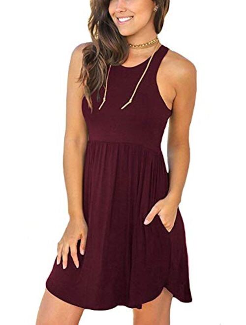 WNEEDU Women's Summer Casual T Shirt Dresses Beach Cover up Plain Pleated Tank Dress