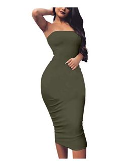 BORIFLORS Women's Basic Sleeveless Tube Top Sexy Strapless Bodycon Midi Club Dress