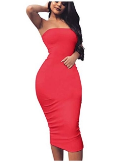 BORIFLORS Women's Basic Sleeveless Tube Top Sexy Strapless Bodycon Midi Club Dress