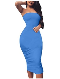 BORIFLORS Women's Basic Sleeveless Tube Top Sexy Strapless Bodycon Midi Club Dress