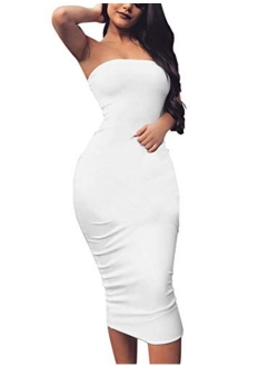 BORIFLORS Women's Basic Sleeveless Tube Top Sexy Strapless Bodycon Midi Club Dress