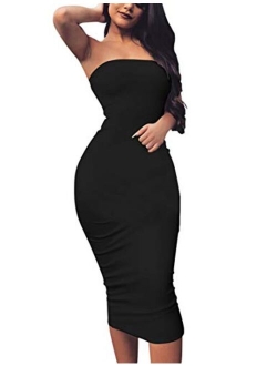 BORIFLORS Women's Basic Sleeveless Tube Top Sexy Strapless Bodycon Midi Club Dress