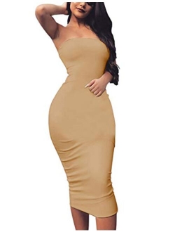 BORIFLORS Women's Basic Sleeveless Tube Top Sexy Strapless Bodycon Midi Club Dress