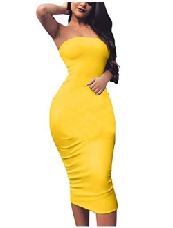 BORIFLORS Women's Basic Sleeveless Tube Top Sexy Strapless Bodycon Midi Club Dress