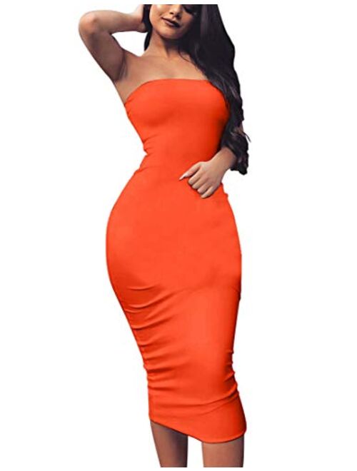 BORIFLORS Women's Basic Sleeveless Tube Top Sexy Strapless Bodycon Midi Club Dress