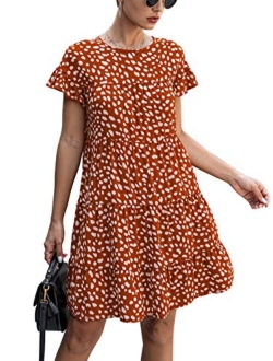 KIRUNDO 2020 Summer Womens Ruffle Mini Dress Short Sleeves Leopard Floral Round Neck Loose Pleated Dress