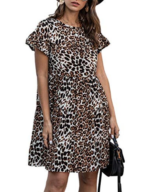 KIRUNDO 2020 Summer Womens Ruffle Mini Dress Short Sleeves Leopard Floral Round Neck Loose Pleated Dress