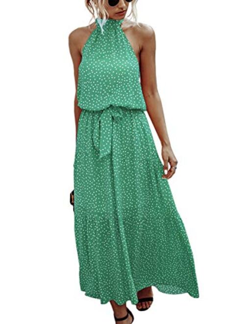 ECOWISH Women Dress Halter Neck Boho Floral Print Sleeveless Casual Backless Maxi Dresses with Belt