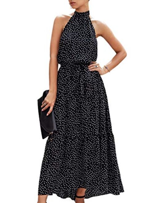 ECOWISH Women Dress Halter Neck Boho Floral Print Sleeveless Casual Backless Maxi Dresses with Belt