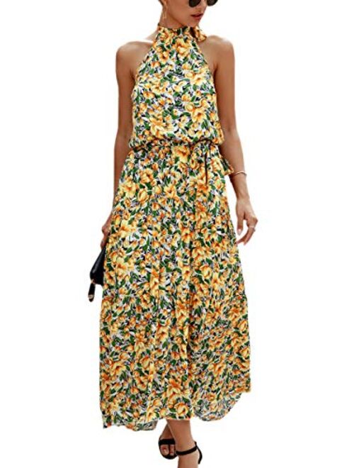 ECOWISH Women Dress Halter Neck Boho Floral Print Sleeveless Casual Backless Maxi Dresses with Belt